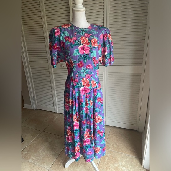 Vintage 80s David Benjamin Floral Drop Waist Midi Dress Prairie CottageCore - Picture 1 of 11
